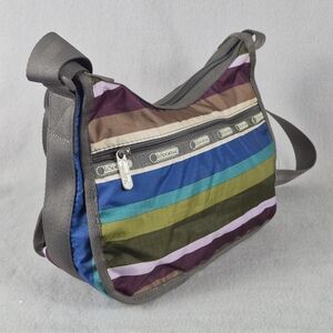 LeSportsac Classic Hobo Crossbody Bag – Green & Purple Striped Design